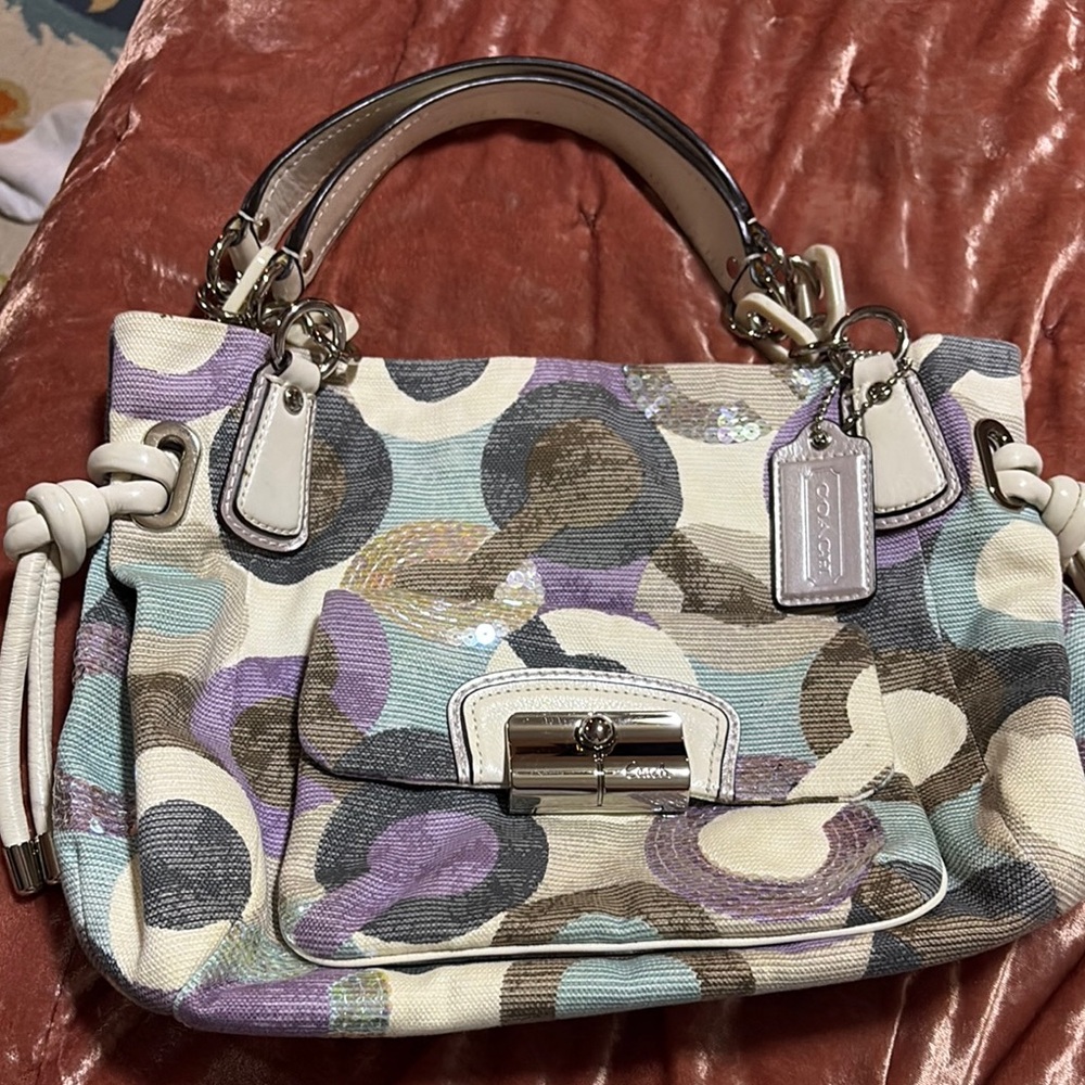 COACH KRISTIN OP ART SEQUIN  CANVAS/LEATHER  SATCHEL HOBO HANDBAG PURSE "RARE"